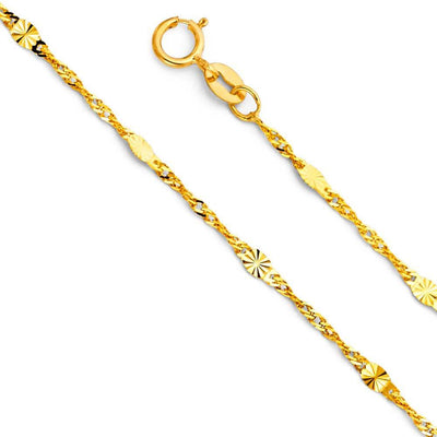 14K Yellow Gold 1.4mm Spring Ring Singapore Diamond Cut Oval Bar Link Chain With Spring Clasp Closure