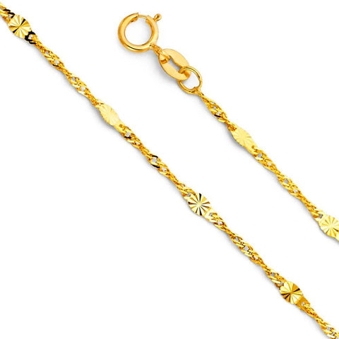 14K Yellow Gold 1.4mm Spring Ring Singapore Diamond Cut Oval Bar Link Chain With Spring Clasp Closure