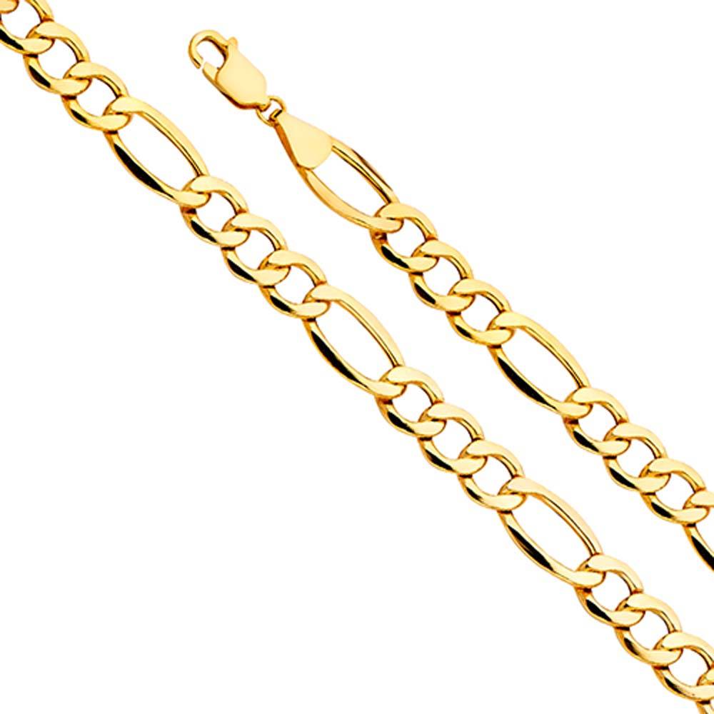 14K Yellow Gold 8.3mm Lobster Hollow Figaro 3+1 Bevel Bracelet Link Chain With Spring Clasp Closure