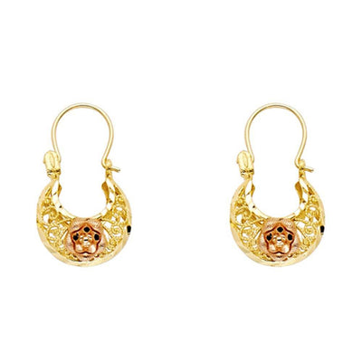 14k Two Tone Gold 12mm Polished Crescent Star Filigree Hoop Earrings