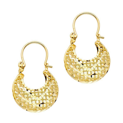 14k Yellow Gold 17mm Polished Crescent Crisscross Design Hoop Earrings