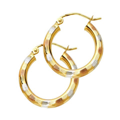 14K Tri Color 3mm Fancy Diamond-Cut Hoop Earrings