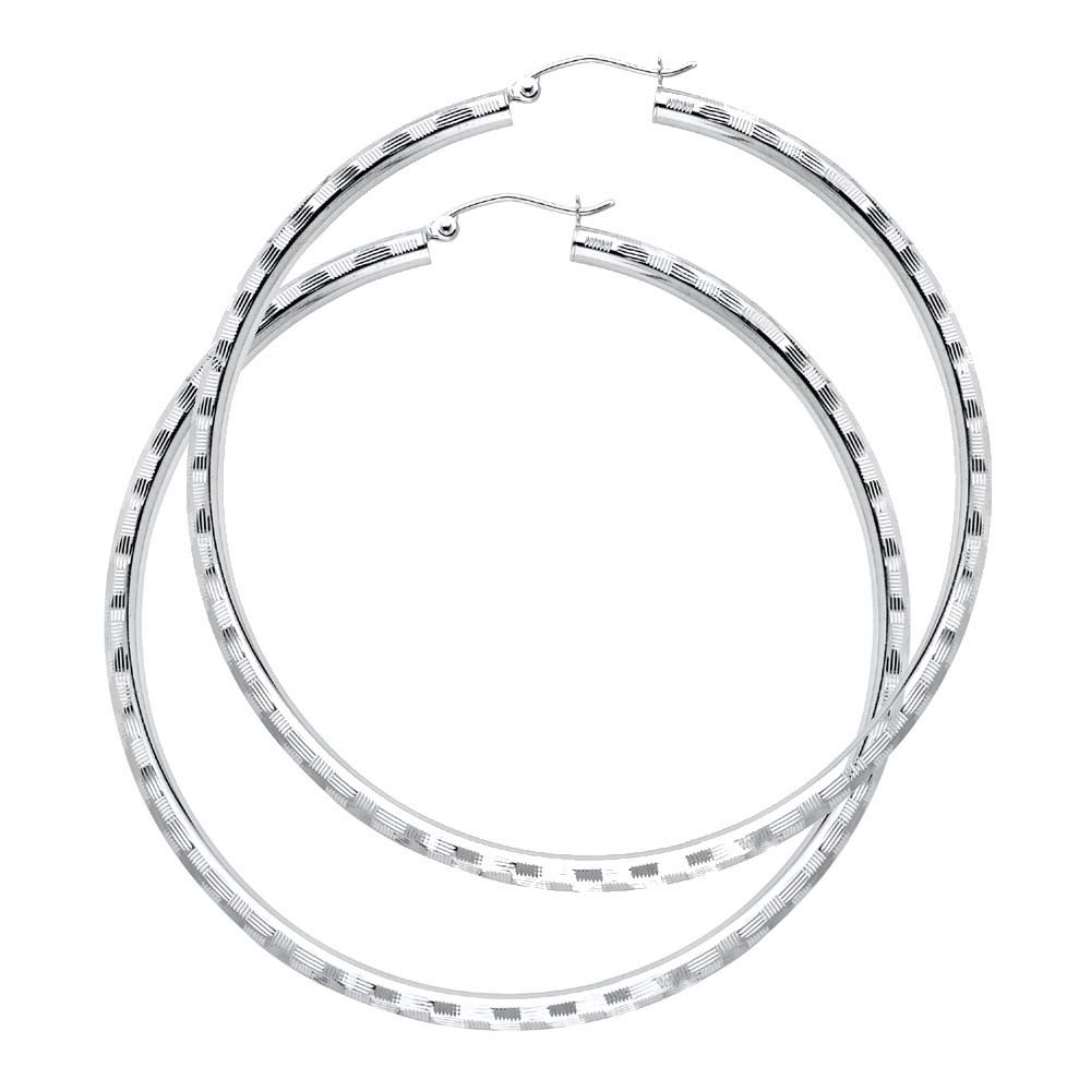 14K White Gold 3mm Extra Large Polished Fancy Diamond-Cut Hinge-Notch Post And Latch Backing Hoop Earrings