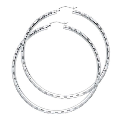 14K White Gold 3mm Extra Large Polished Fancy Diamond-Cut Hinge-Notch Post And Latch Backing Hoop Earrings