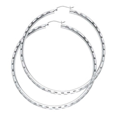 14K White Gold 3mm Extra Large Polished Fancy Diamond-Cut Hinge-Notch Post And Latch Backing Hoop Earrings
