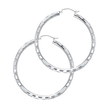 Load image into Gallery viewer, 14K White Gold 3mm Large Polished Fancy Diamond-Cut Hinge-Notch Post And Latch Backing Hoop Earrings