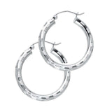 14K White Gold 3mm Medium Polished Fancy Diamond-Cut Hinge-Notch Post And Latch Backing Hoop Earrings