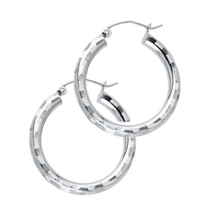 14K White Gold 3mm Medium Polished Fancy Diamond-Cut Hinge-Notch Post And Latch Backing Hoop Earrings