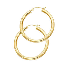 Load image into Gallery viewer, 14K Yellow Gold 3mm Medium High Polished And Satin Diamond Cut Latch And Hinge-Notch Post Backing Hoop Earrings