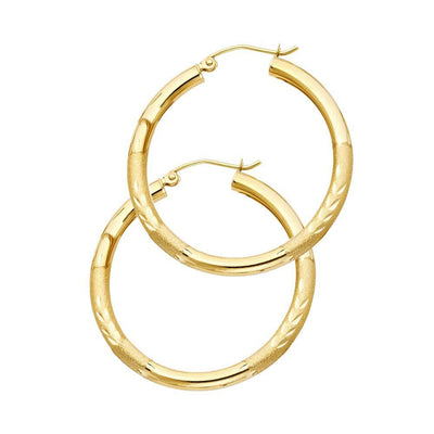 14K Yellow Gold 3mm Medium High Polished And Satin Diamond Cut Latch And Hinge-Notch Post Backing Hoop Earrings