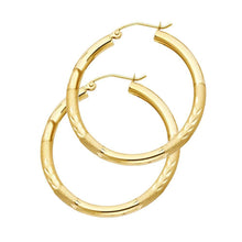 Load image into Gallery viewer, 14K Yellow Gold 3mm Medium High Polished And Satin Diamond Cut Latch And Hinge-Notch Post Backing Hoop Earrings