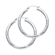 Load image into Gallery viewer, 14K White Gold 3mm Medium High Polished And Satin Diamond Cut Latch And Hinge-Notch Post Backing Hoop Earrings