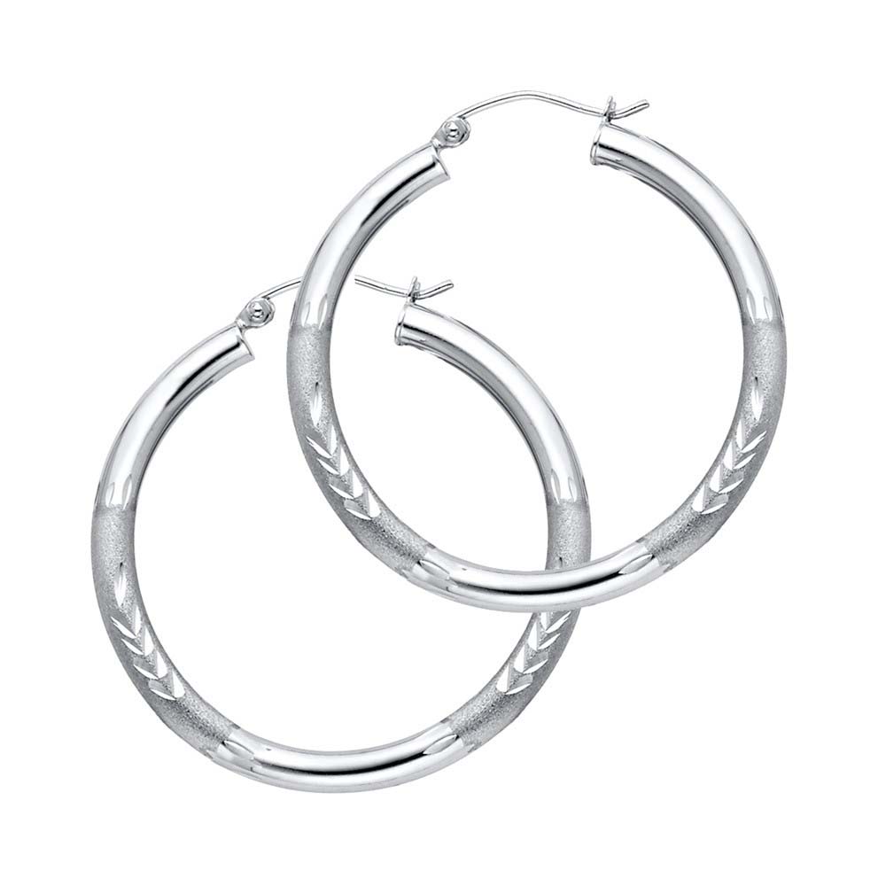 14K White Gold 3mm Medium High Polished And Satin Diamond Cut Latch And Hinge-Notch Post Backing Hoop Earrings