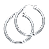 14K White Gold 3mm Medium High Polished And Satin Diamond Cut Latch And Hinge-Notch Post Backing Hoop Earrings