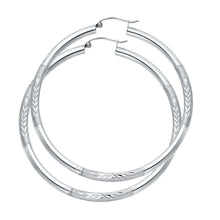 Load image into Gallery viewer, 14K White Gold 3mm Large High Polished And Satin Diamond Cut Latch And Hinge-Notch Post Backing Hoop Earrings