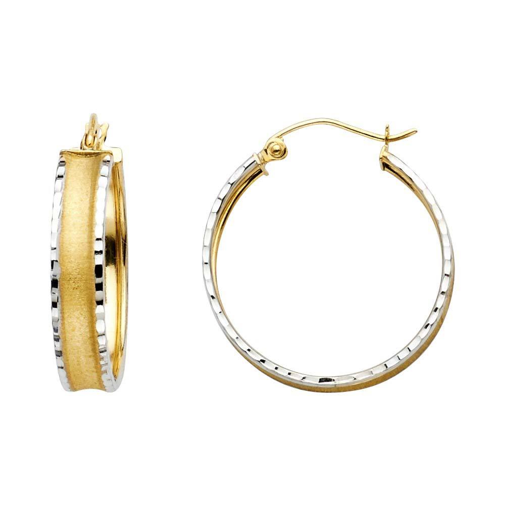 14K Two Tone Gold Small Faceted And Satin Latch And Hinge-Notch Post Backing Hoop Earrings