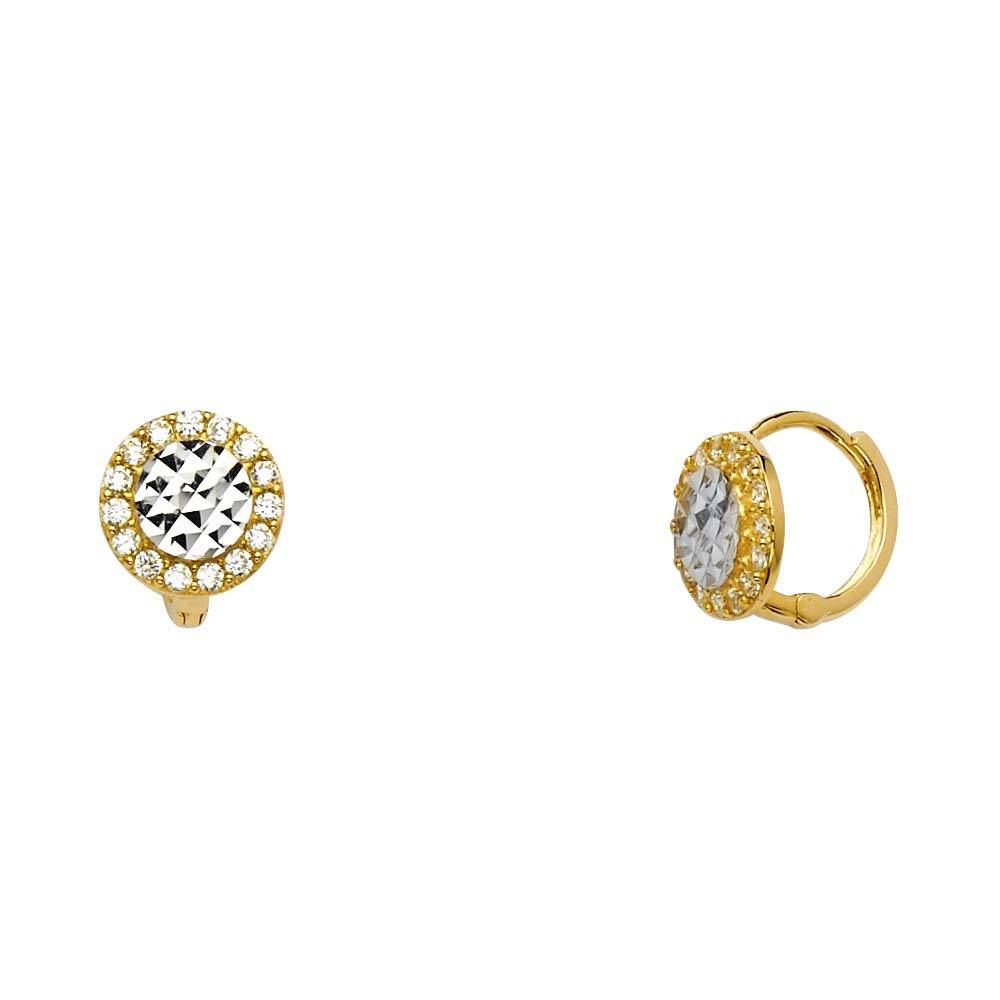 14K Two Tone Gold Halo Faceted CZ Huggie Hoop Earrings