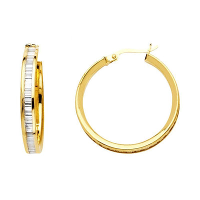 14K Yellow Gold BG 3mm Clear CZ Channel Hoop Earrings