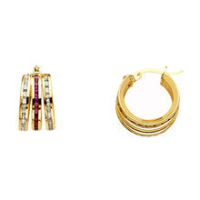 Load image into Gallery viewer, 14K Yellow Gold RD 6mm Red And White CZ Channel 3 Line Hoop Earrings
