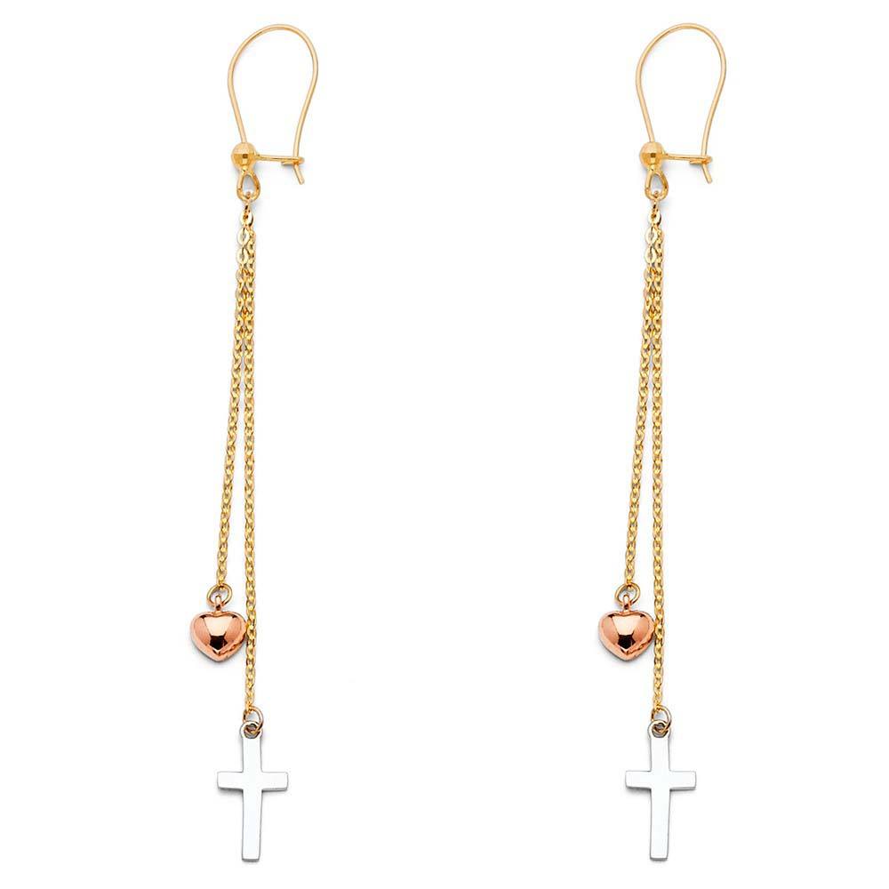 14K Tri Color Cross Hanging Earrings