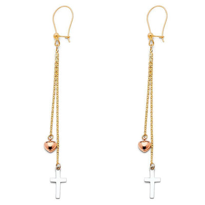 14K Tri Color Cross Hanging Earrings