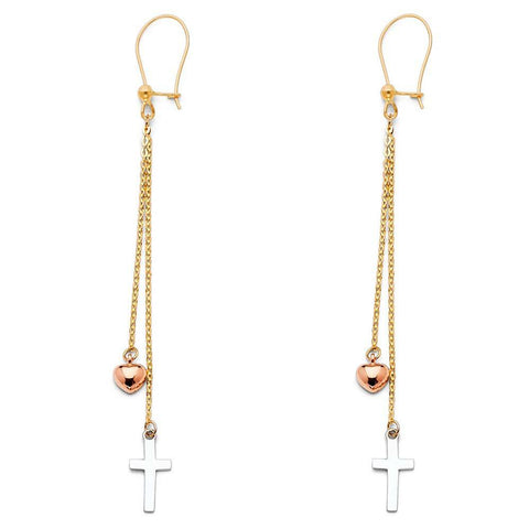 14K Tri Color Cross Hanging Earrings