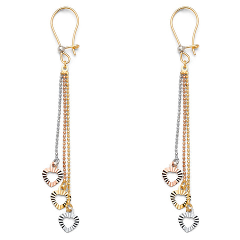 14K Tri Color 3 Heart Hanging Earrings