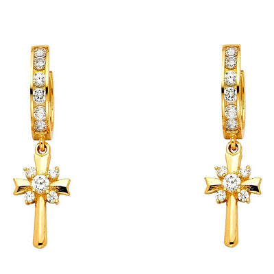 14K Yellow Gold CZ Hanging Huggies Earrings