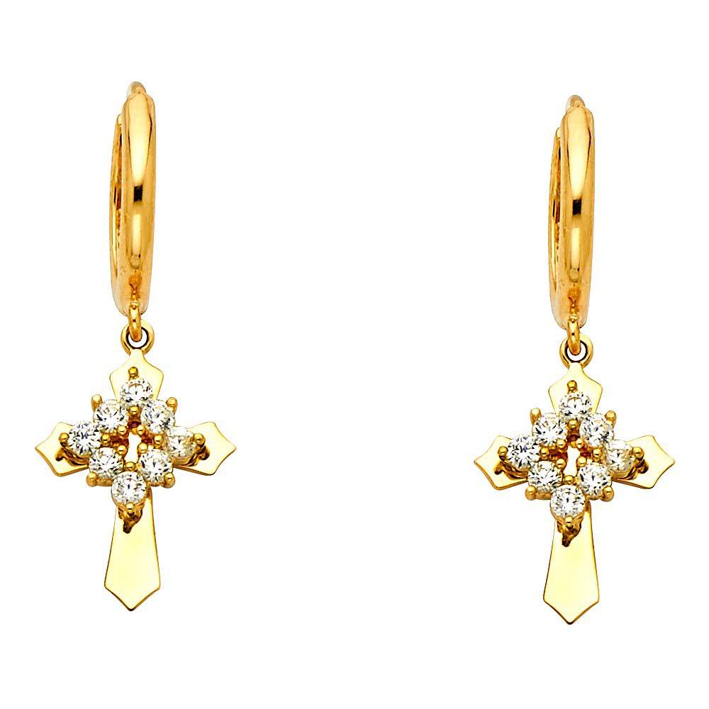 14K Yellow Gold CZ Hanging Huggies Earrings