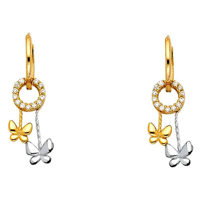 14K Two Tone Gold CZ Hanging Huggies Earrings