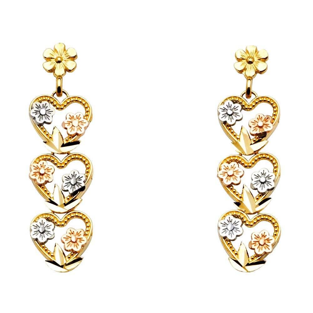 14K Tri Color 8mm Hanging Heart Post Earrings