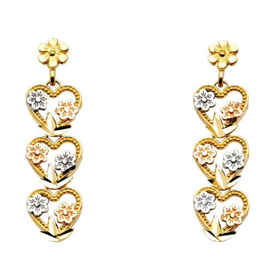 14K Tri Color 8mm Hanging Heart Post Earrings