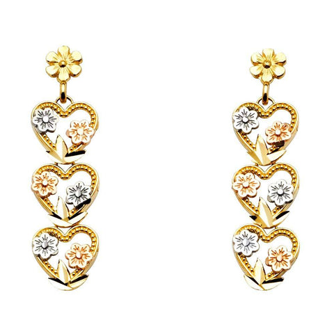 14K Tri Color 8mm Hanging Heart Post Earrings