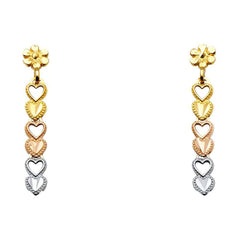 14K Tri Color 4mm Hanging Heart Post Earrings