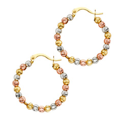 14K Tri Color Fancy Beaded Hoop Earrings