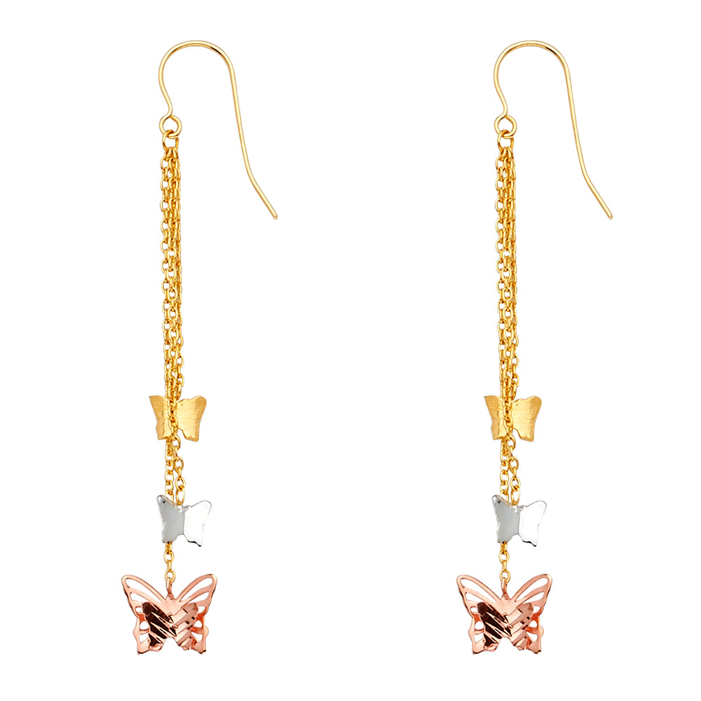 14K Tri Color Butterfly Hanging Earrings