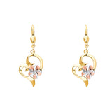 14K Tricolor Heart Lever Back Ear with Hawaiian Flower