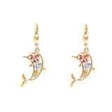 14K Tricolor Hawaiian flower Dolphin Lever Back Earring