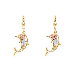 14K Tricolor Hawaiian flower Dolphin Lever Back Earring