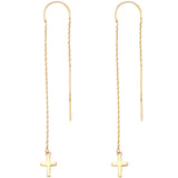 14K Yellow Double Lines Chain Cross Earring