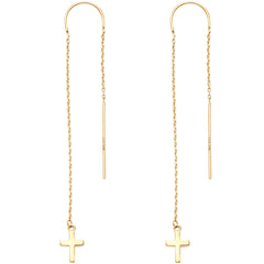 14K Yellow Double Lines Chain Cross Earring