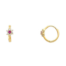 Load image into Gallery viewer, 14k Yellow Gold Polished Prong Set Flower Fuchsia And Clear CZ Huggie Earrings With Hinge Backing
