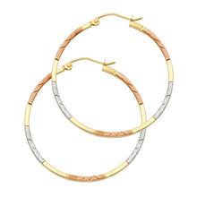 Load image into Gallery viewer, 14k Tri Color Gold 1.5mm Diamond Cut Tube Hoop Earrings