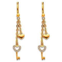 14K Yellow Gold CZ Key Hanging Earrings