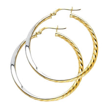 Load image into Gallery viewer, 14K Two Tone Gold Medium Polish And Rope Design Latch And Hinge-Notch Post Backing Twisted Hoop Earrings