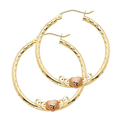 14k Yellow Gold 2mm Medium Heart Diamond Cut Hoop Earrings