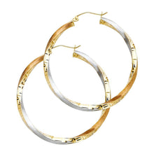 Load image into Gallery viewer, 14K Tri Color Gold 3mm Medium Twisted Satin And Polished Greek key Design For Extra Sparkle Hoop Earrings