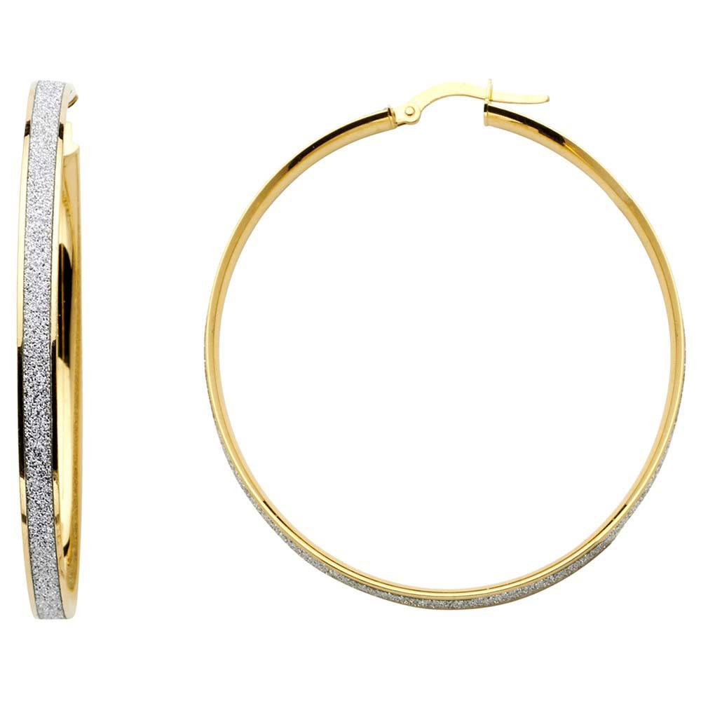 14K Two Tone Gold 4mm Shimmer Satin Glittery White Finish Sparkling Latch And Hinge-Notch Post Backing Center Hoop Earrings