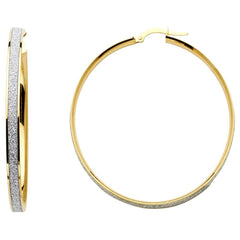 14K Two Tone Gold 4mm Shimmer Satin Glittery White Finish Sparkling Latch And Hinge-Notch Post Backing Center Hoop Earrings