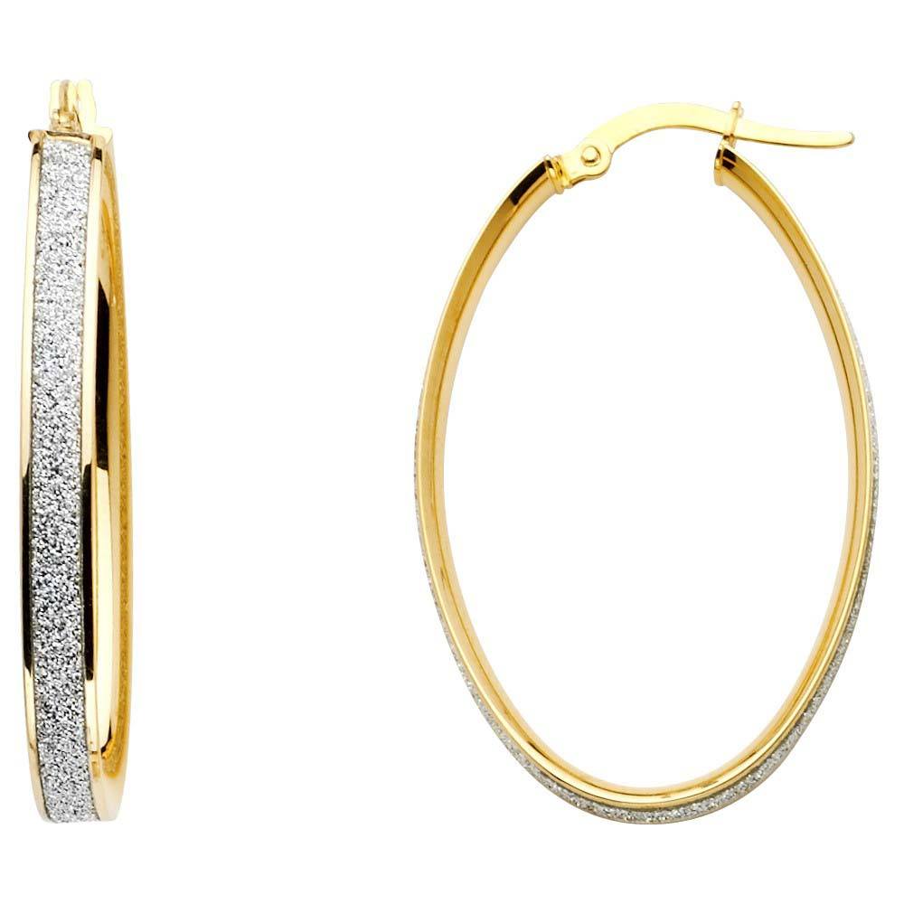 14K Two Tone Gold 4mm Shimmer Satin And Polished Small Oval Sparkling Center Latch And Hinge-Notch Post Backing Medium Hoop Earrings